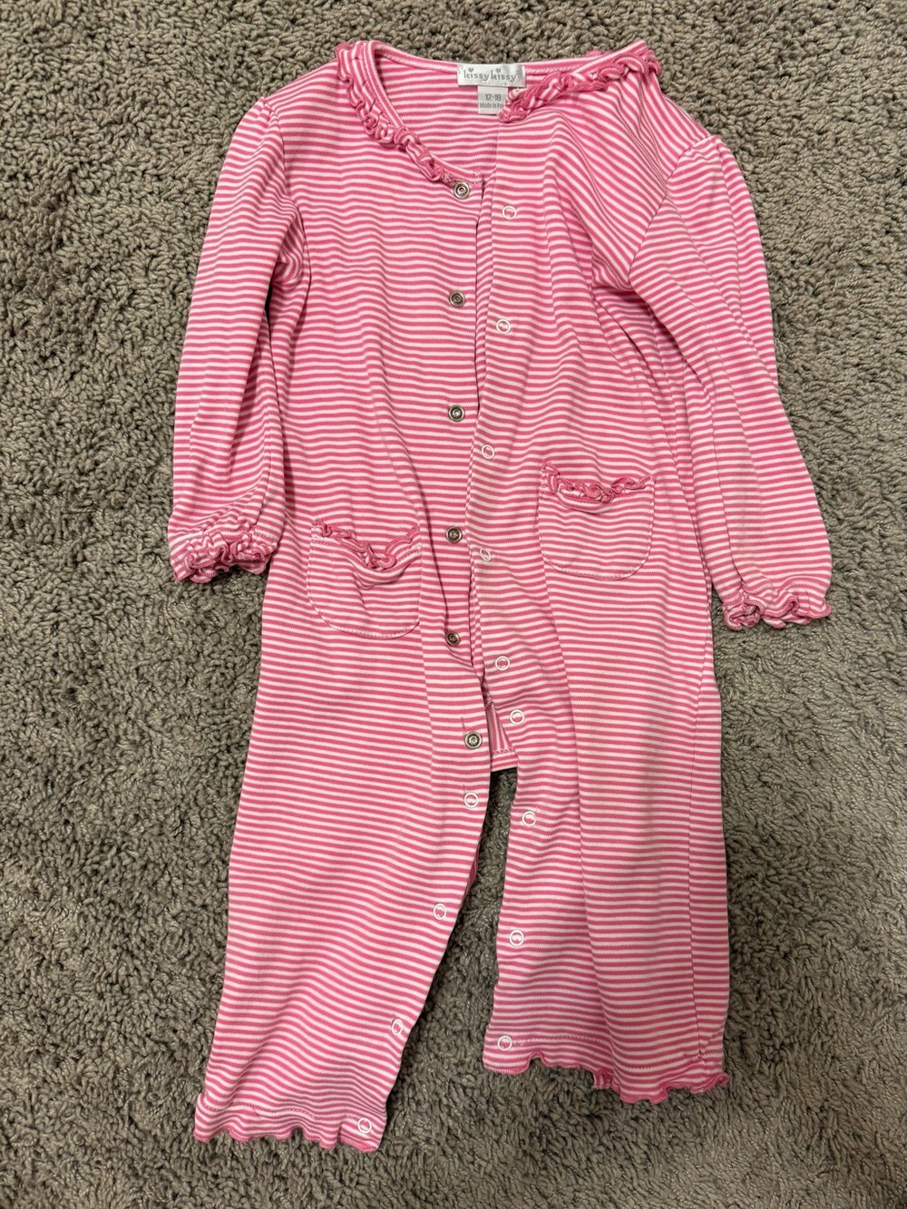 Kissy Kissy Pink & White Striped Baby Romper with Ruffle Trim